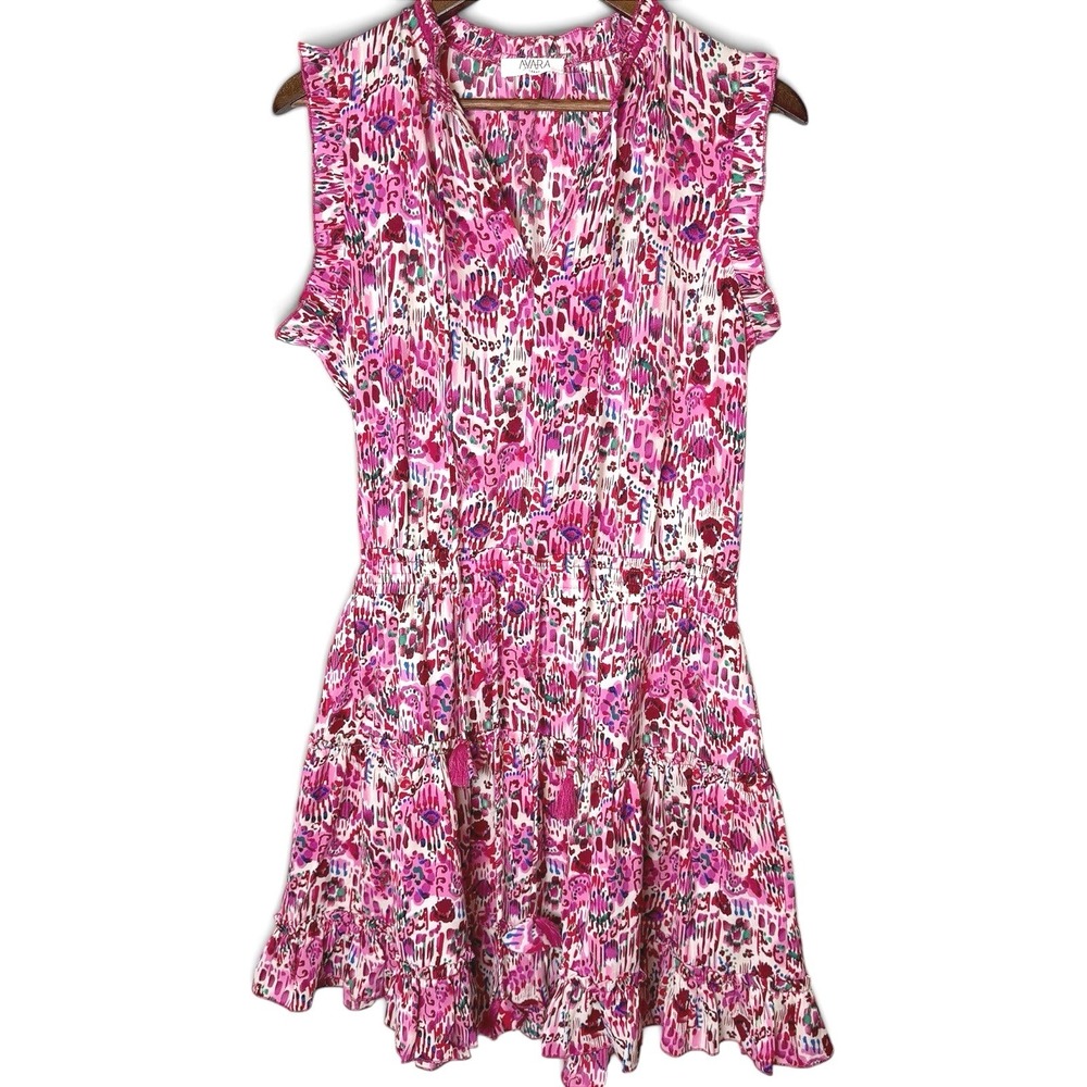 Avara Multi Floral Mini Dress Pink Purple Ikat Print Ruffle Tassel Large